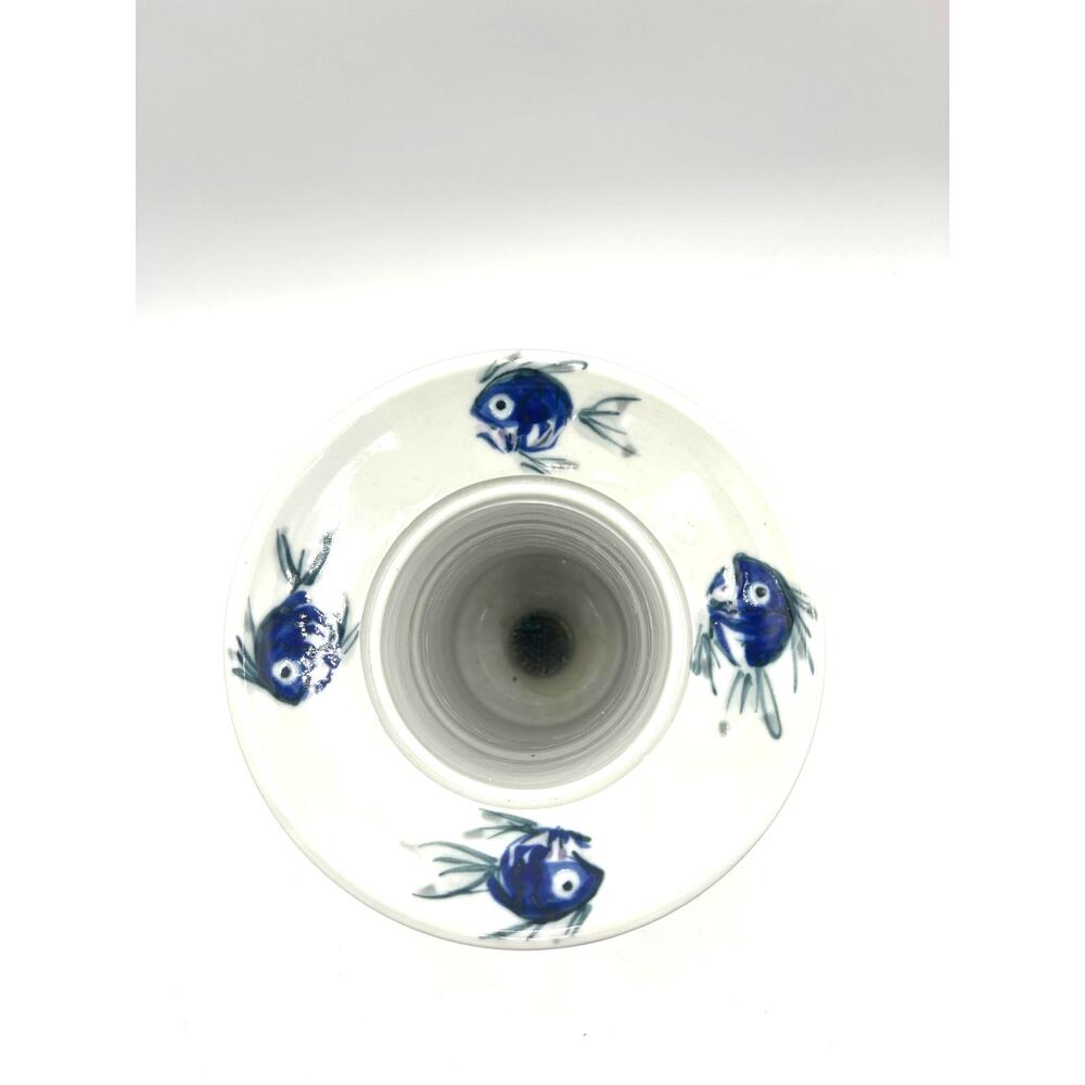 Vintage Handmade Ceramic Pottery Vase Blue Asian Style Fish Unique Style - Picture 2 of 4